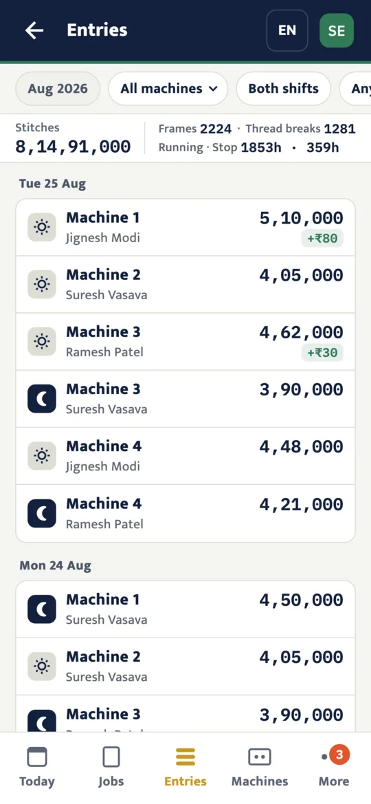 The Entries screen with the month's totals and each day's shifts under its date
