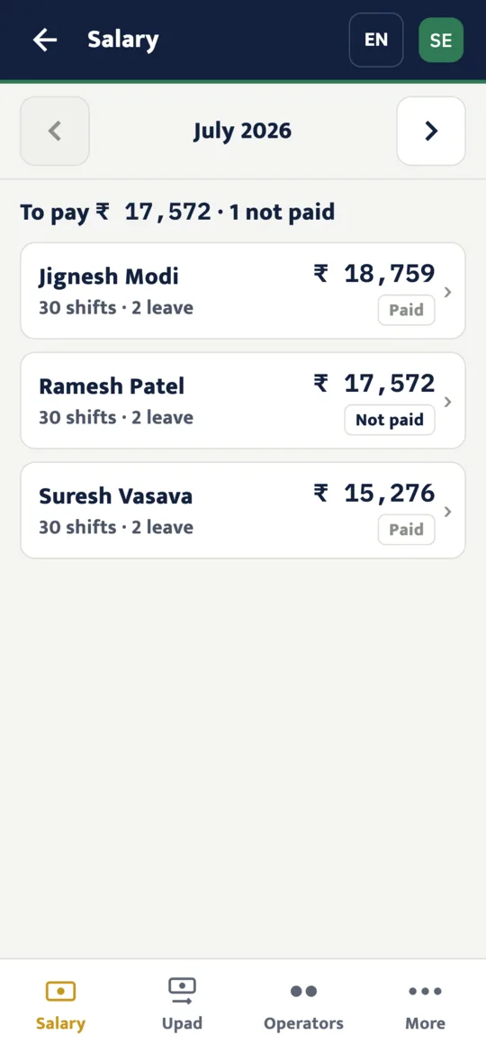 The Salary screen with each operator's shifts, leave and pay for the month